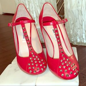 NEVER WORN Red Miu Miu studded T-Strap Mary Janes